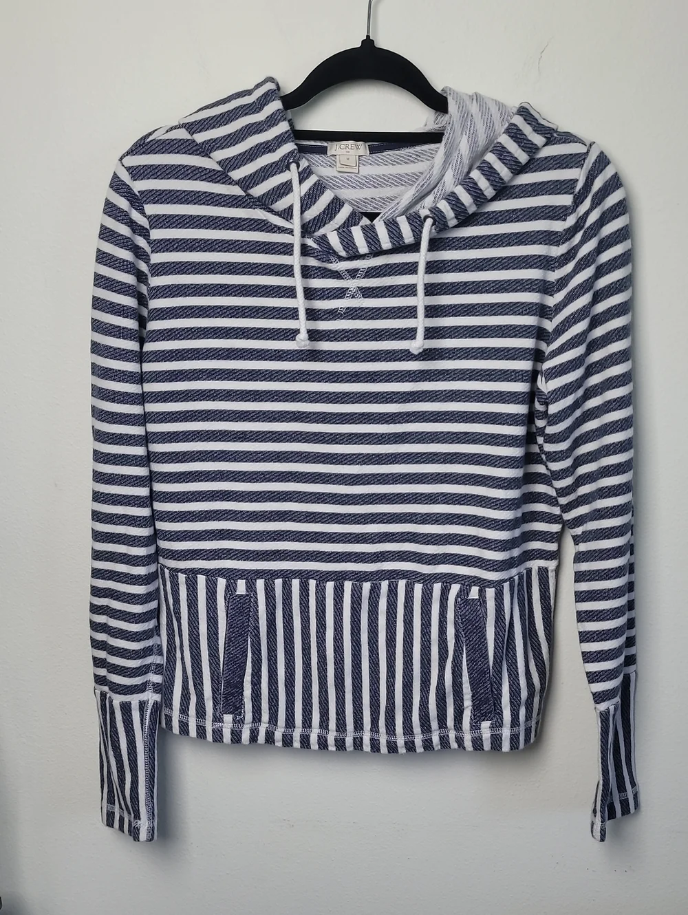 J Crew Blue White Stripe Hoodie M Kangaroo Pockets Drawstring Nautical